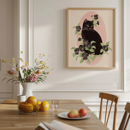 Vertical portrait illustration of a black cat surrounded by black pansy flowers, with a soft and feminine mood