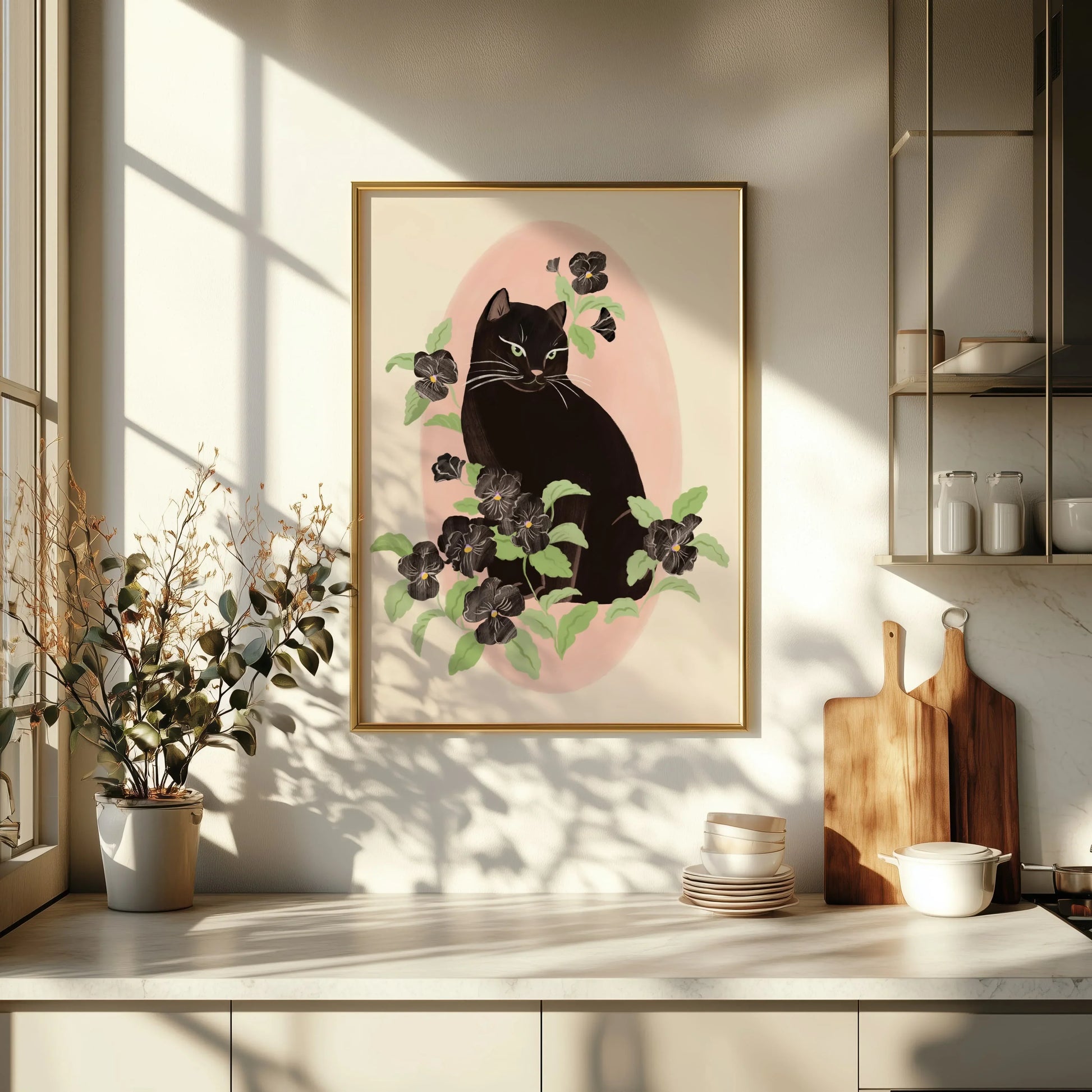 Vertical portrait illustration of a black cat surrounded by black pansy flowers, with a soft and feminine mood