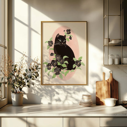 Vertical portrait illustration of a black cat surrounded by black pansy flowers, with a soft and feminine mood