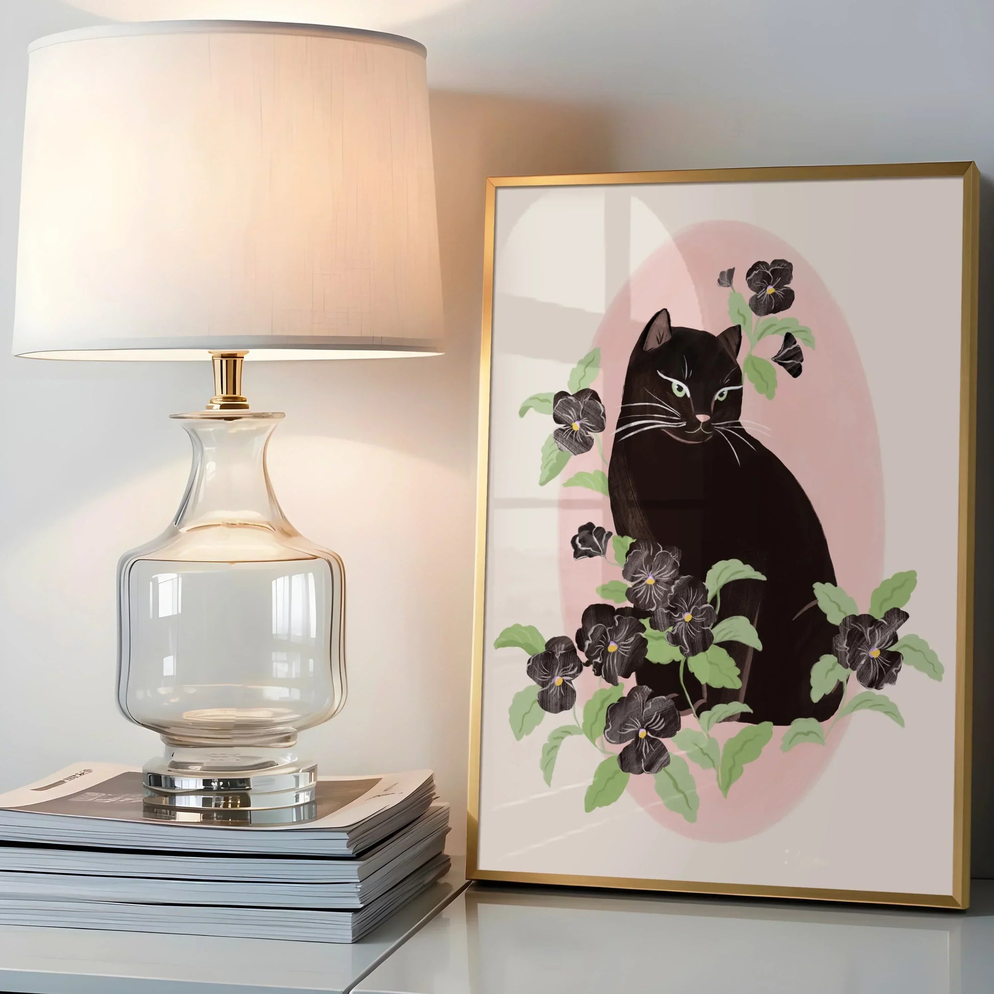 Vertical portrait illustration of a black cat surrounded by black pansy flowers, with a soft and feminine mood