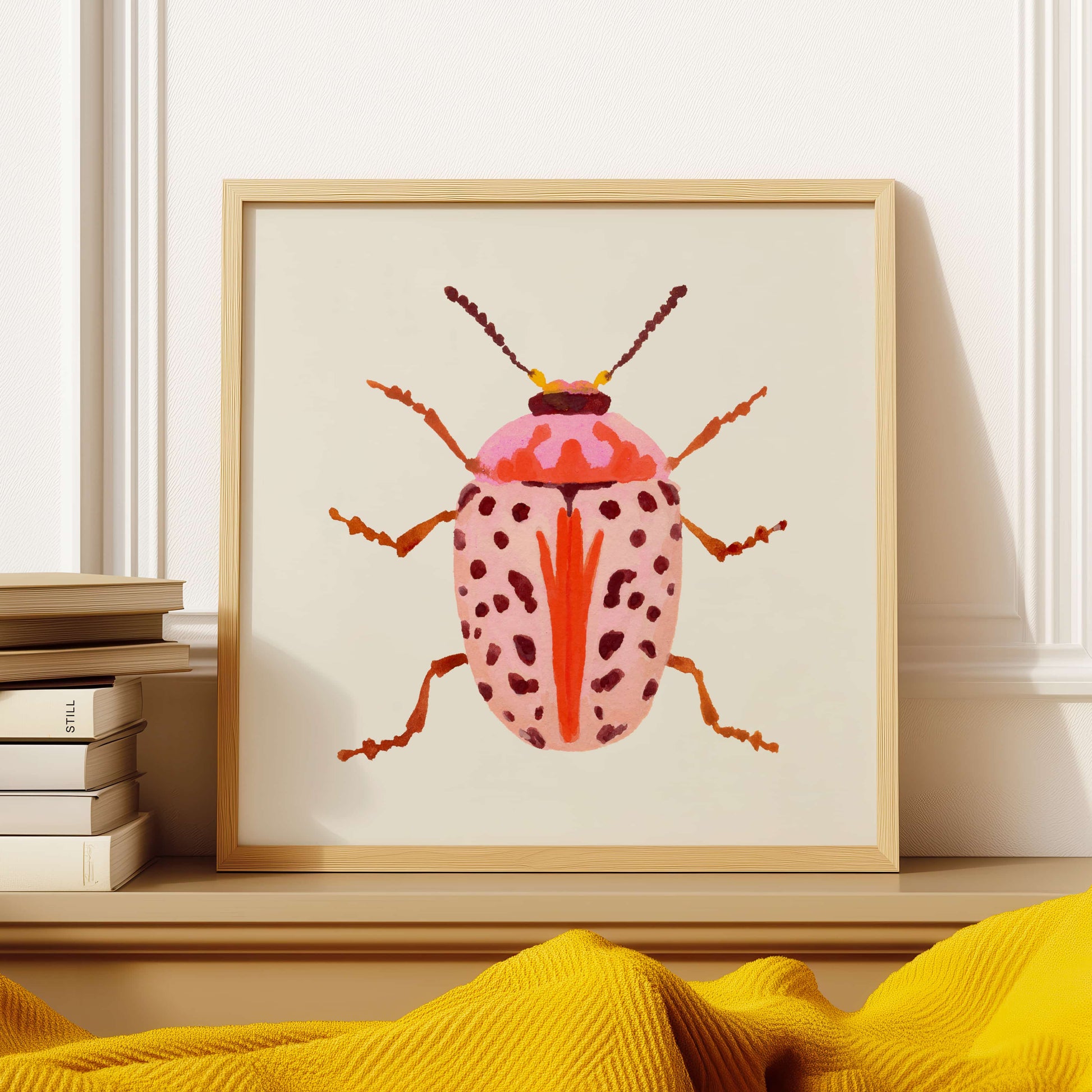 Gouache painting of a blush-colored beetle with coral and baby pink tones, accented with wine-maroon dots and curving tentacle-like antennae. A soft yet striking insect illustration.