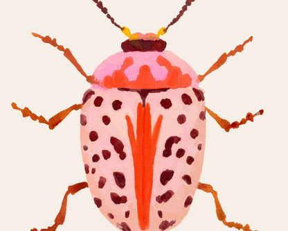 Gouache painting of a blush-colored beetle with coral and baby pink tones, accented with wine-maroon dots and curving tentacle-like antennae. A soft yet striking insect illustration.
