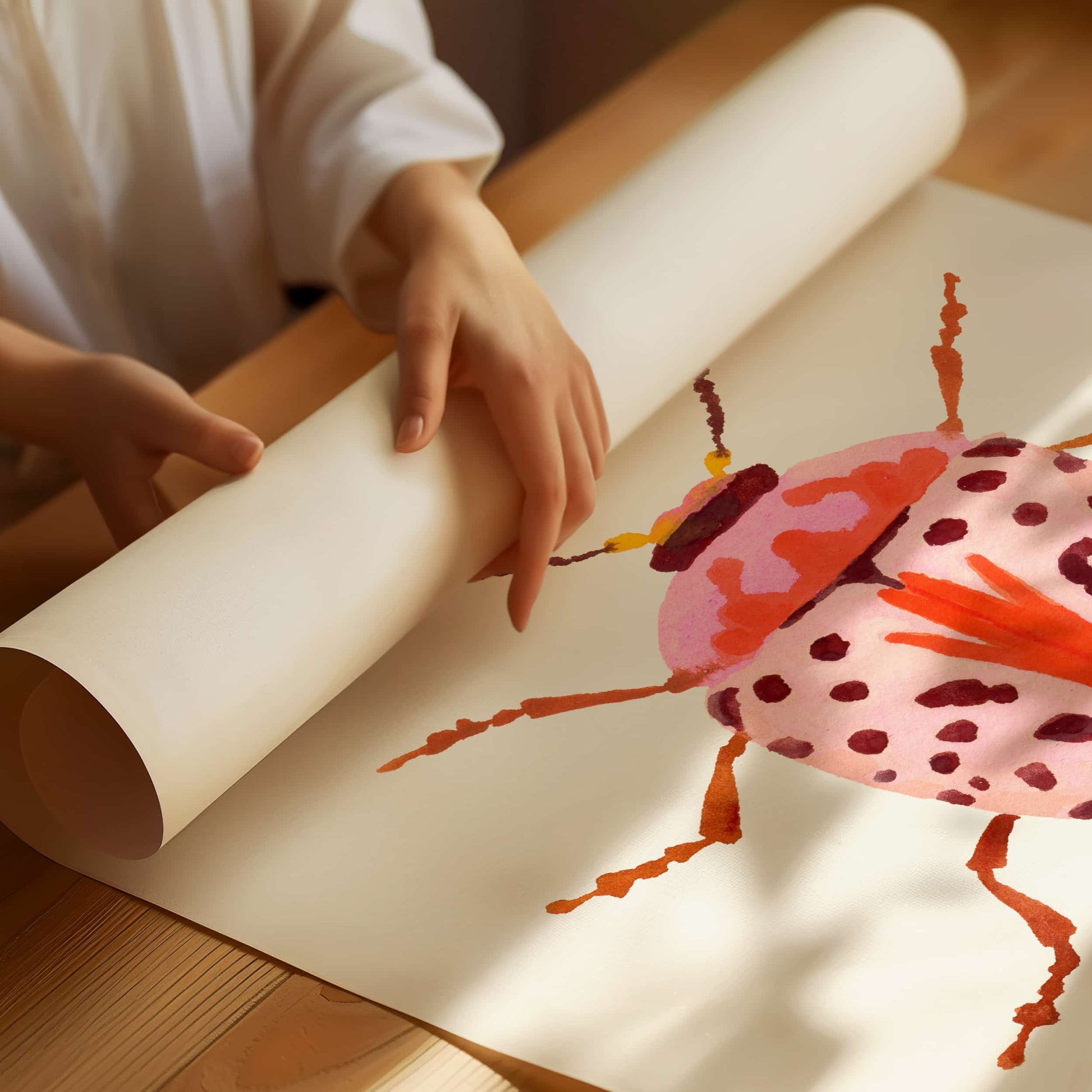 Gouache painting of a blush-colored beetle with coral and baby pink tones, accented with wine-maroon dots and curving tentacle-like antennae. A soft yet striking insect illustration.