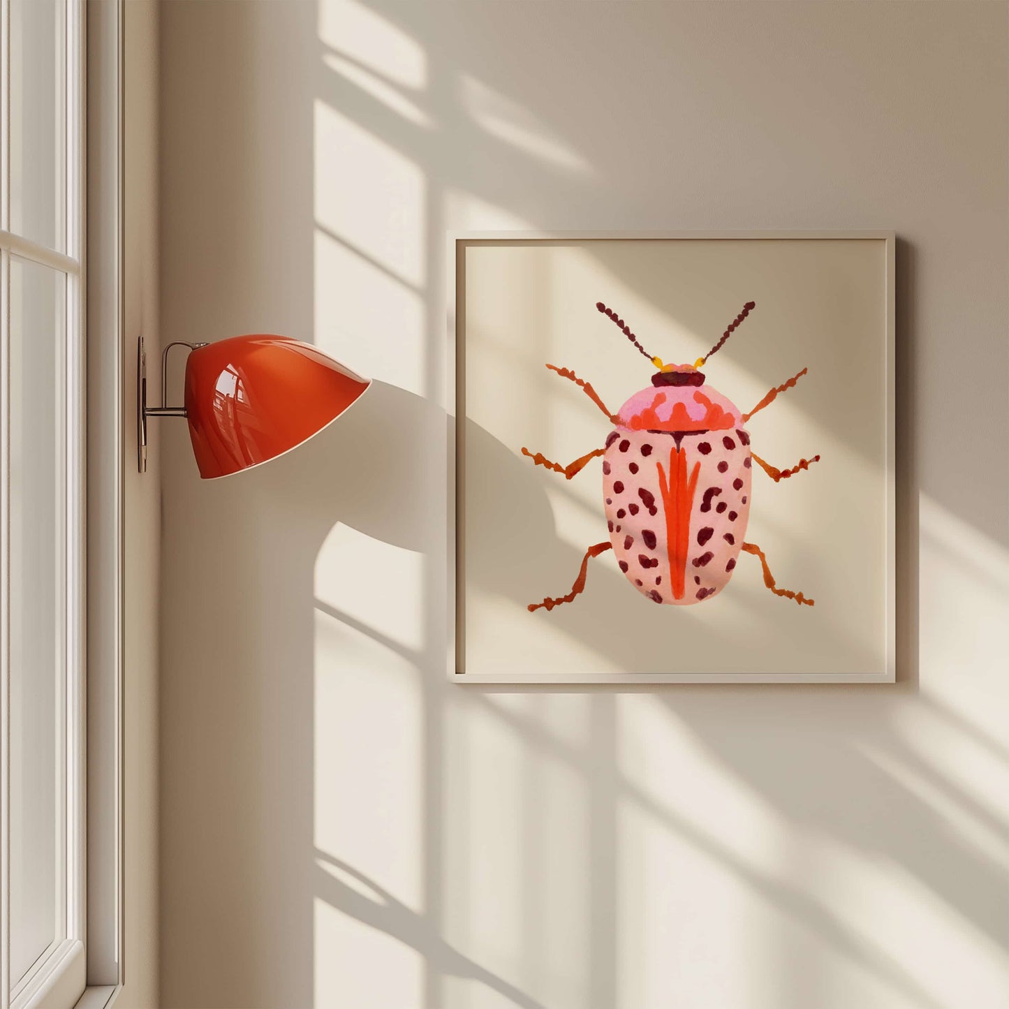 Gouache painting of a blush-colored beetle with coral and baby pink tones, accented with wine-maroon dots and curving tentacle-like antennae. A soft yet striking insect illustration.