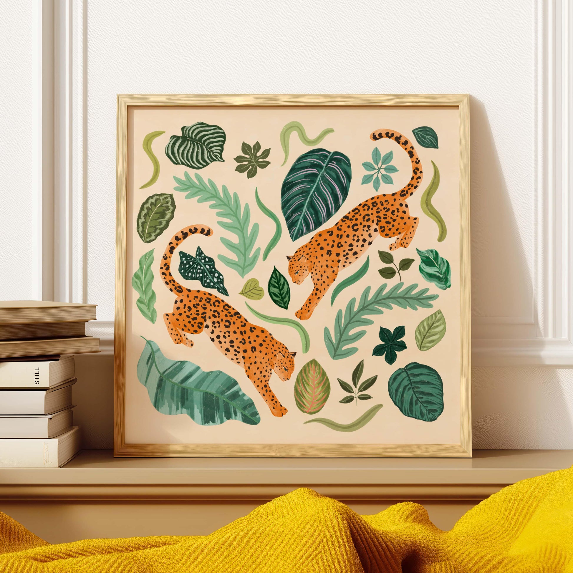 Illustration of two jaguars surrounded by lush foliage – vibrant and nature-inspired animal art print for modern home decor