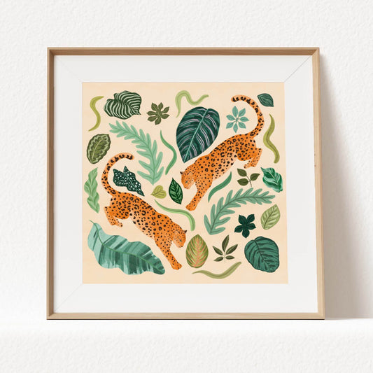 Illustration of two jaguars surrounded by lush foliage – vibrant and nature-inspired animal art print for modern home decor