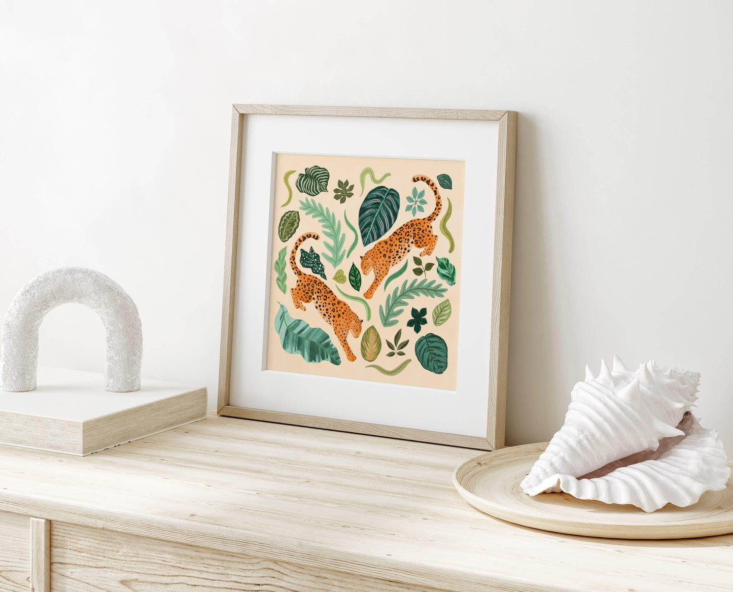 Illustration of two jaguars surrounded by lush foliage – vibrant and nature-inspired animal art print for modern home decor