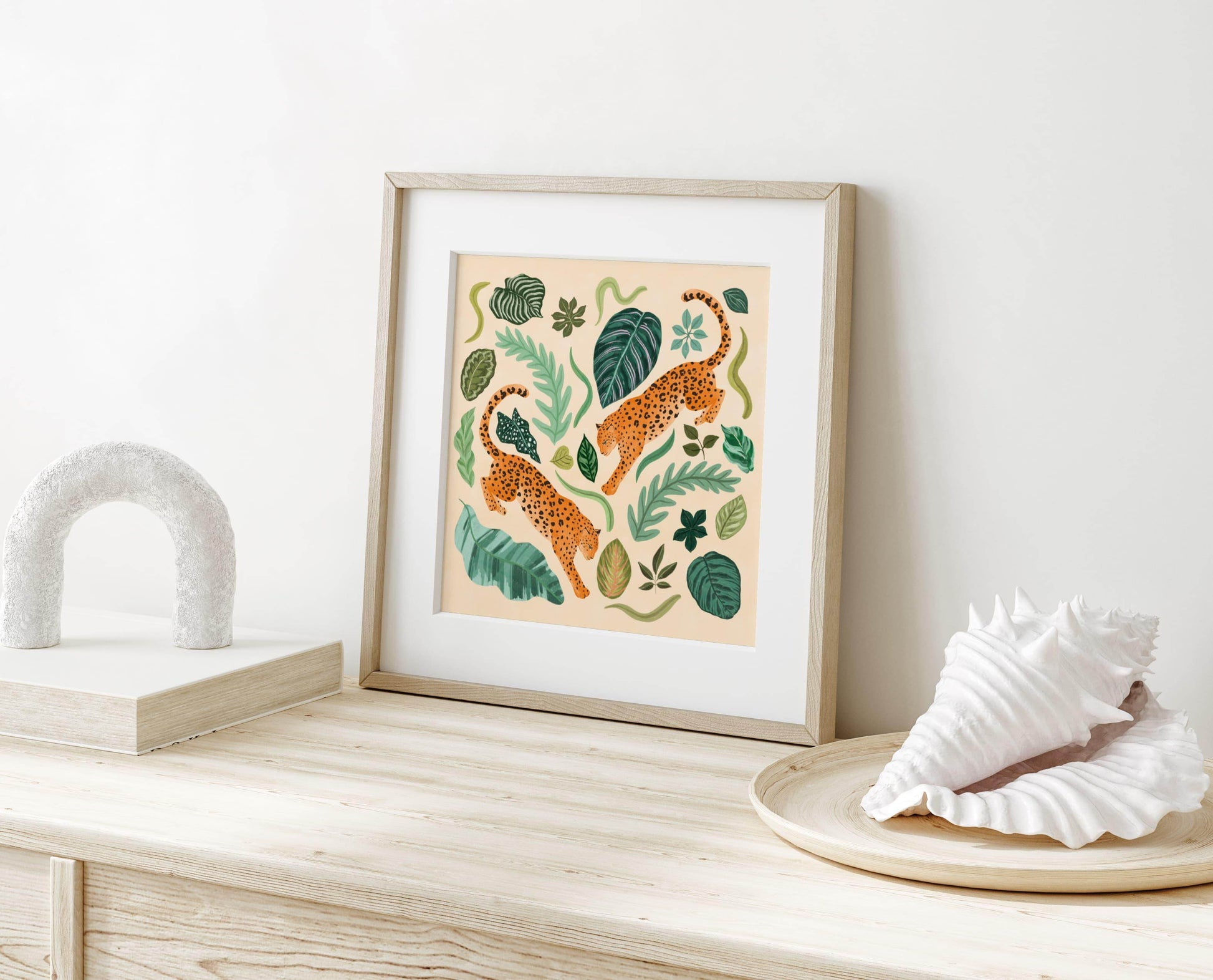 Illustration of two jaguars surrounded by lush foliage – vibrant and nature-inspired animal art print for modern home decor