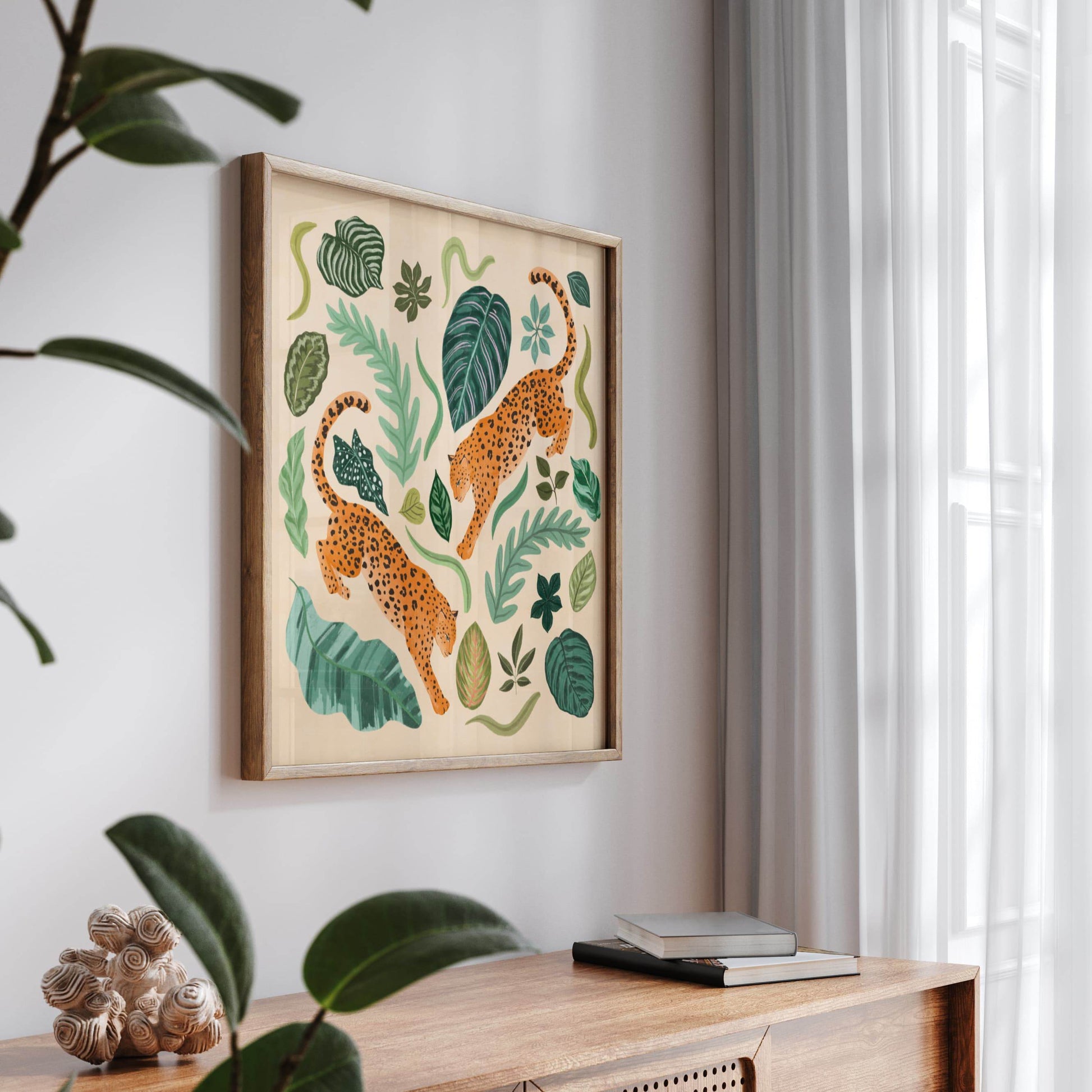 Illustration of two jaguars surrounded by lush foliage – vibrant and nature-inspired animal art print for modern home decor