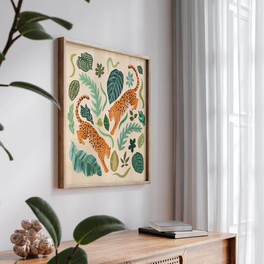 Illustration of two jaguars surrounded by lush foliage – vibrant and nature-inspired animal art print for modern home decor