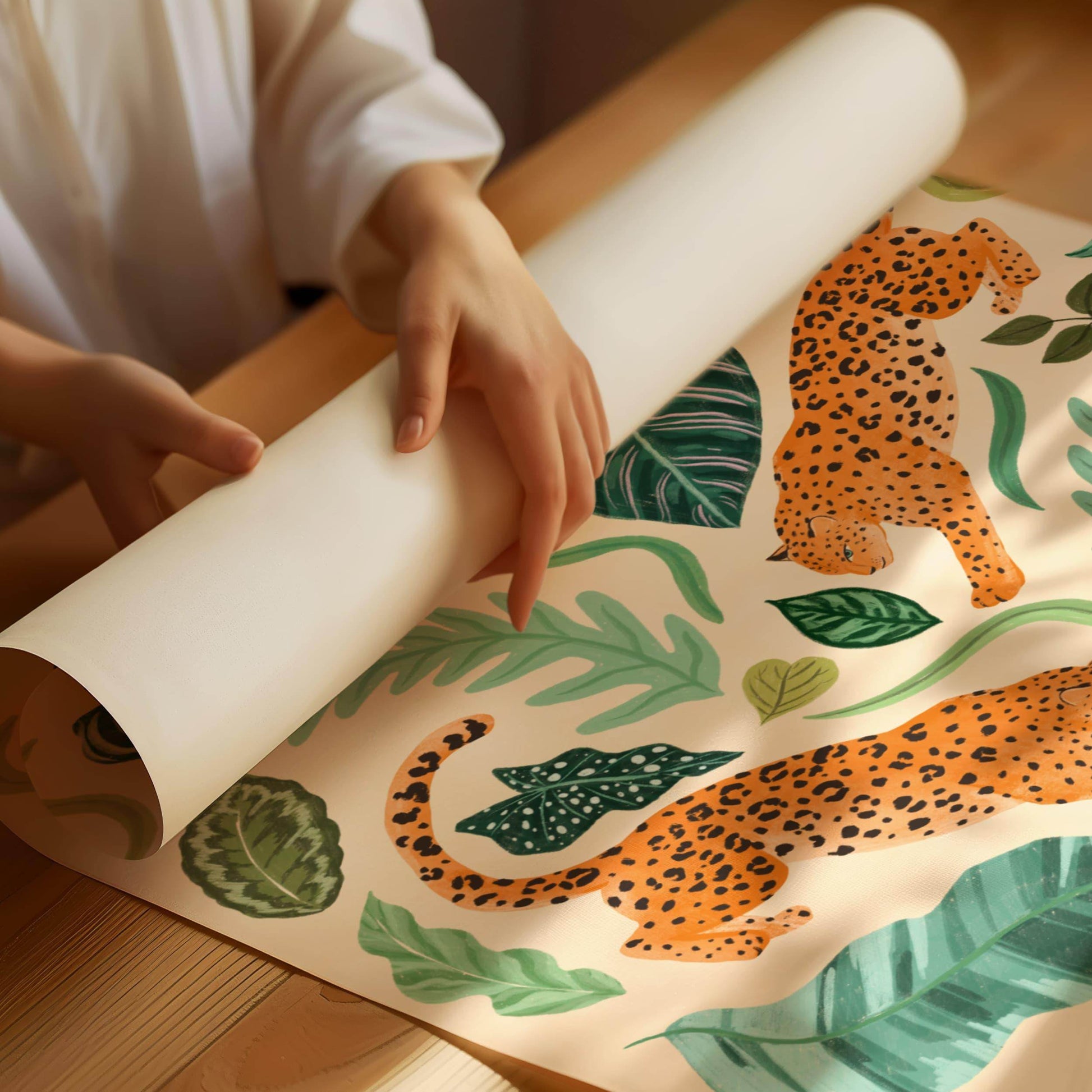 Illustration of two jaguars surrounded by lush foliage – vibrant and nature-inspired animal art print for modern home decor