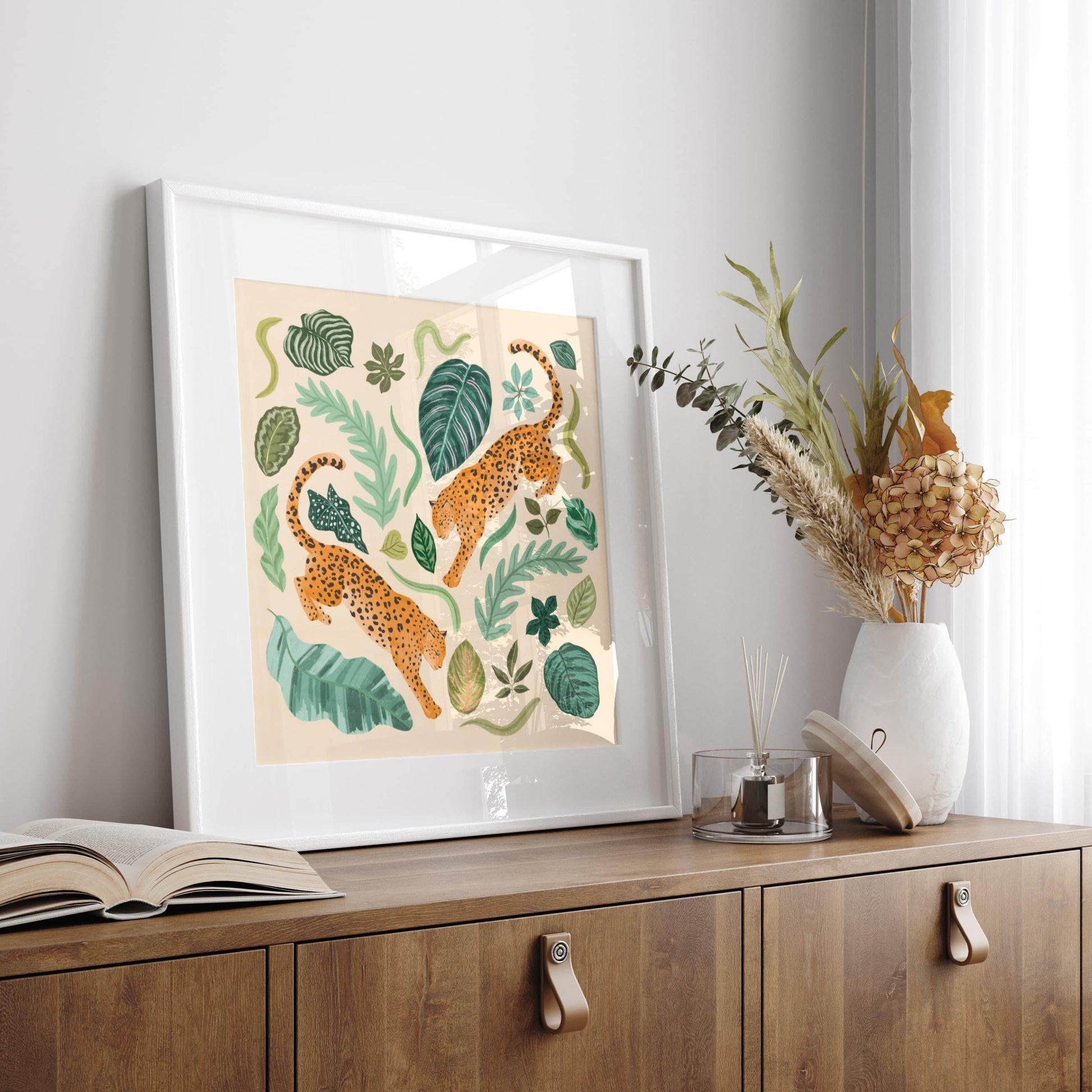 Illustration of two jaguars surrounded by lush foliage – vibrant and nature-inspired animal art print for modern home decor