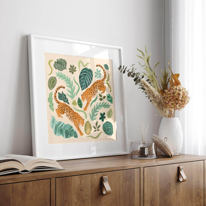 Illustration of two jaguars surrounded by lush foliage – vibrant and nature-inspired animal art print for modern home decor