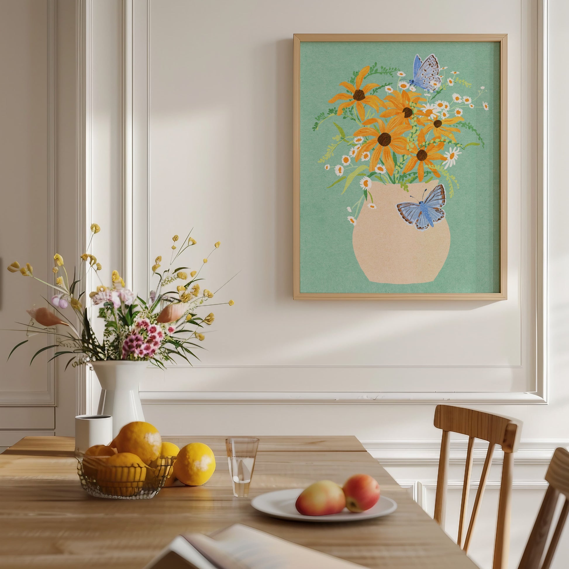 Artwork of flowers and butterflies on the wall by Sun Lee