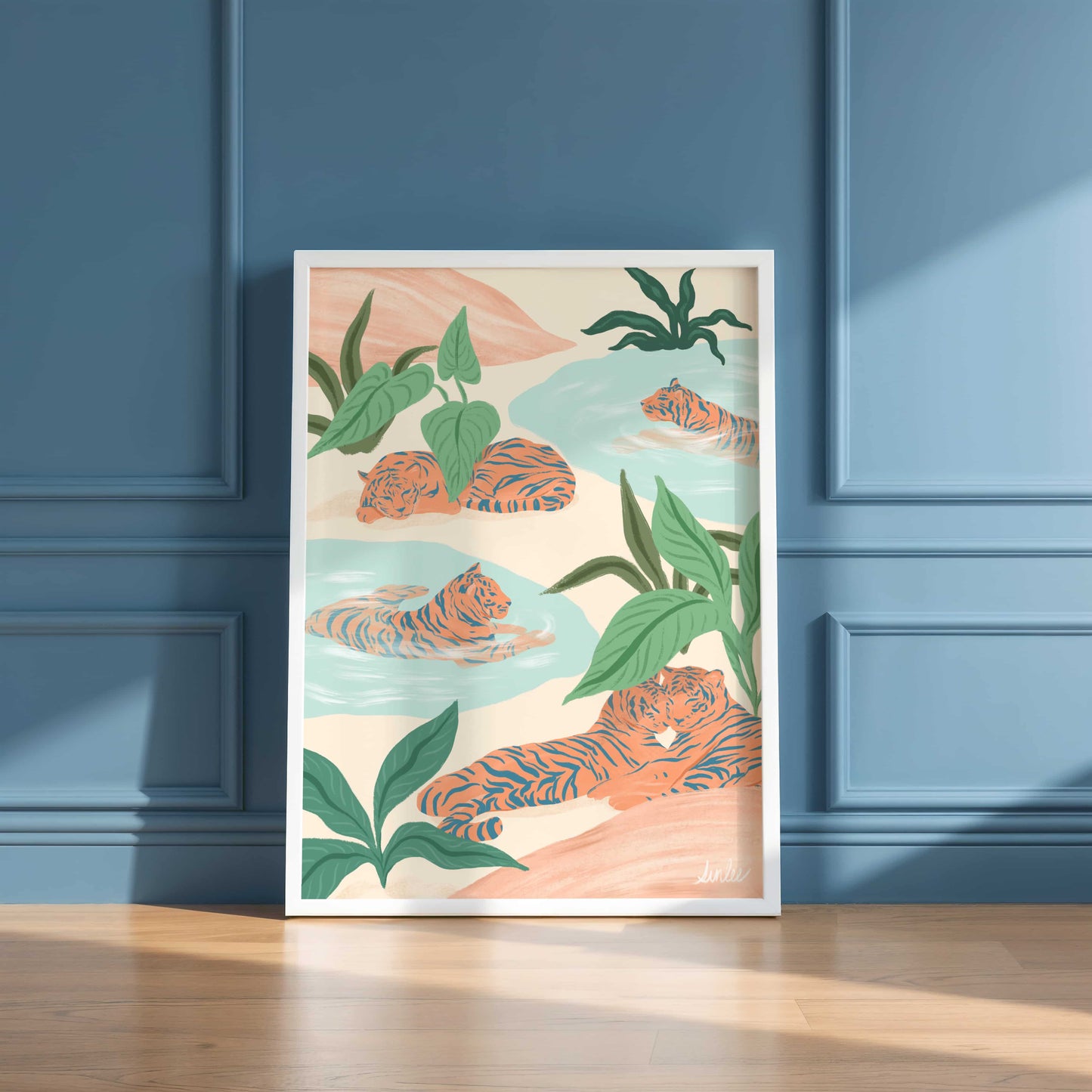 Peaceful tiger art print featuring resting tigers in a serene natural landscape with soft, muted colors.