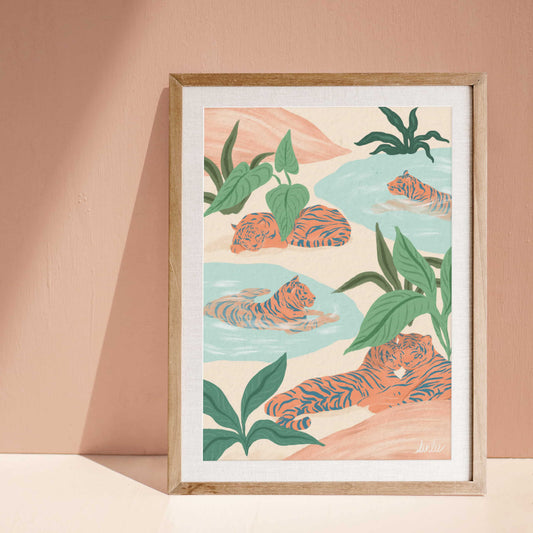 Peaceful tiger art print featuring resting tigers in a serene natural landscape with soft, muted colors.