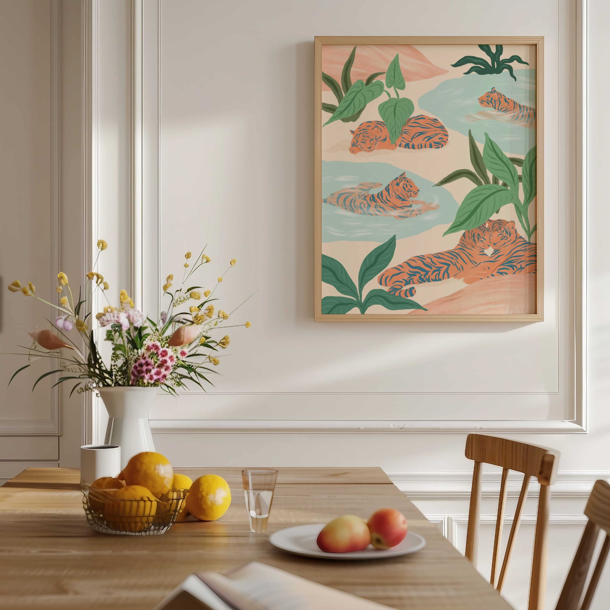 Peaceful tiger art print featuring resting tigers in a serene natural landscape with soft, muted colors.