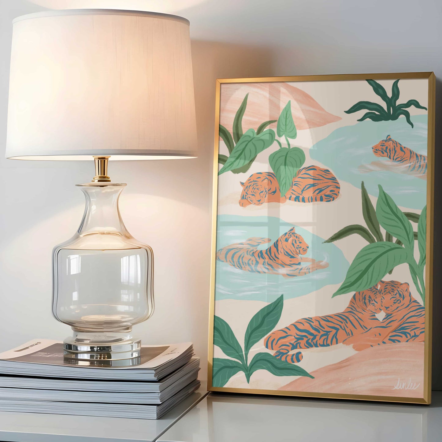 Wildlife art print of two resting tigers painted with gentle brushstrokes and a calming neutral palette.