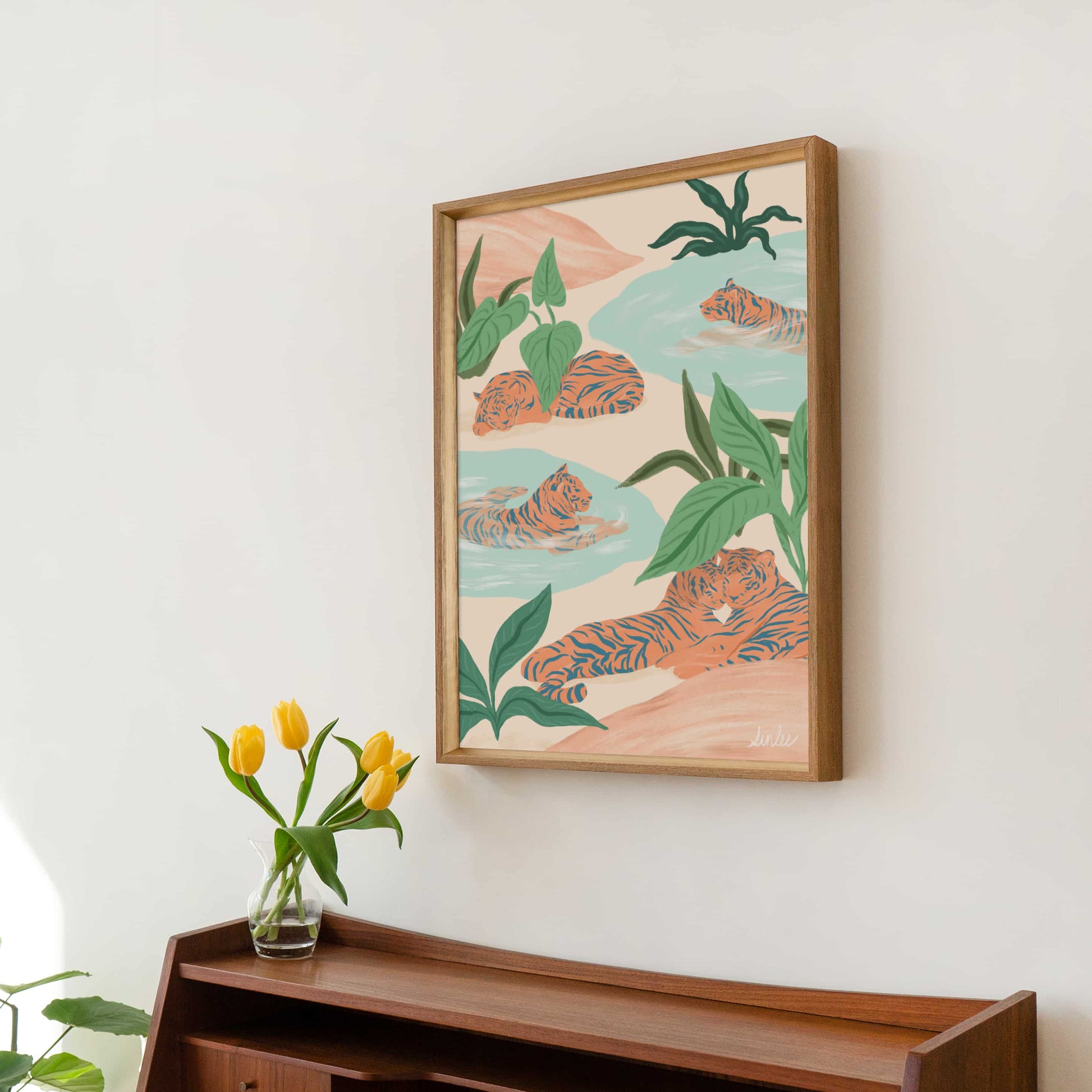 Wildlife art print of two resting tigers painted with gentle brushstrokes and a calming neutral palette.