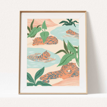 Nature-inspired tiger artwork featuring majestic tigers resting peacefully in a tranquil setting.