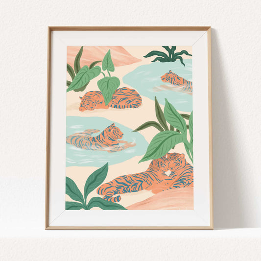 Nature-inspired tiger artwork featuring majestic tigers resting peacefully in a tranquil setting.