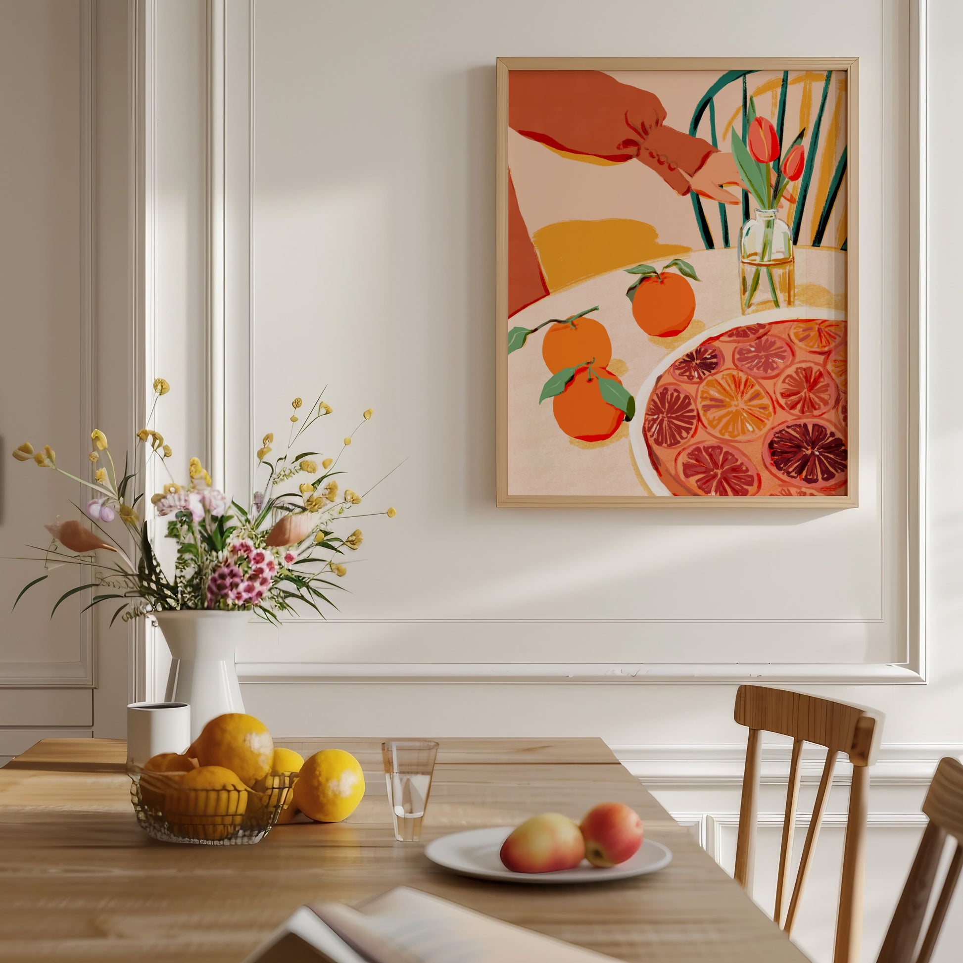 Still life artwork of a citrus cake on a table with fresh oranges, in warm autumn tones.