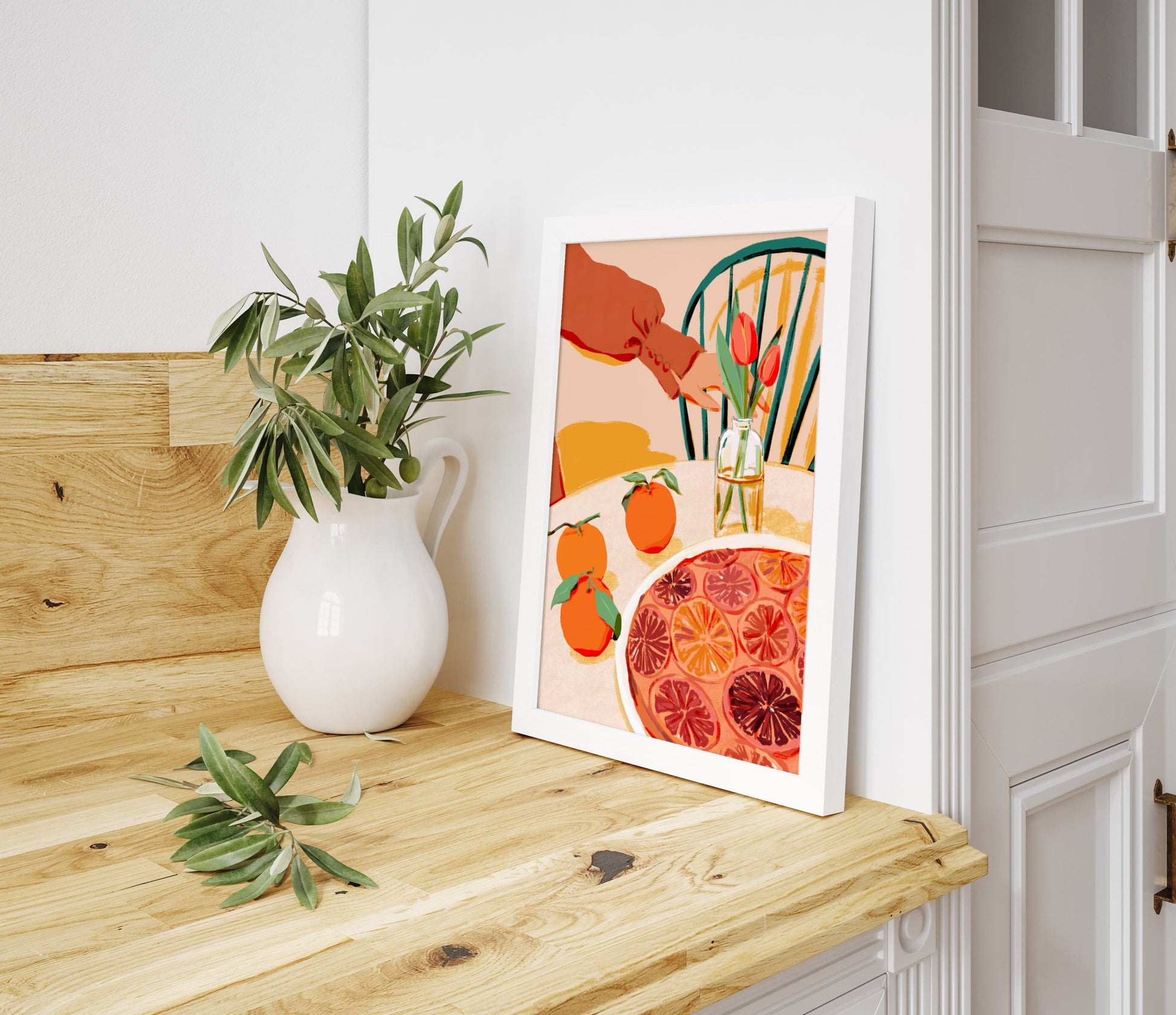 Still life artwork of a citrus cake on a table with fresh oranges, in warm autumn tones.
