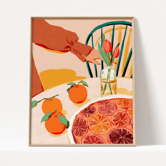 Rustic autumn still life with earthy colors, cake on a pedestal, and fresh seasonal fruit.
