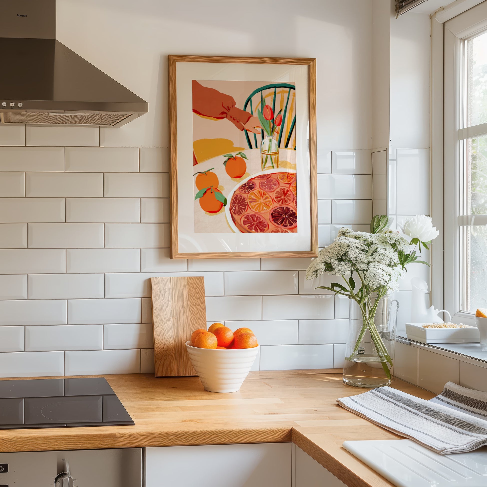 Fall-inspired art print featuring citrus cake, oranges, and cozy orange-hued details.
