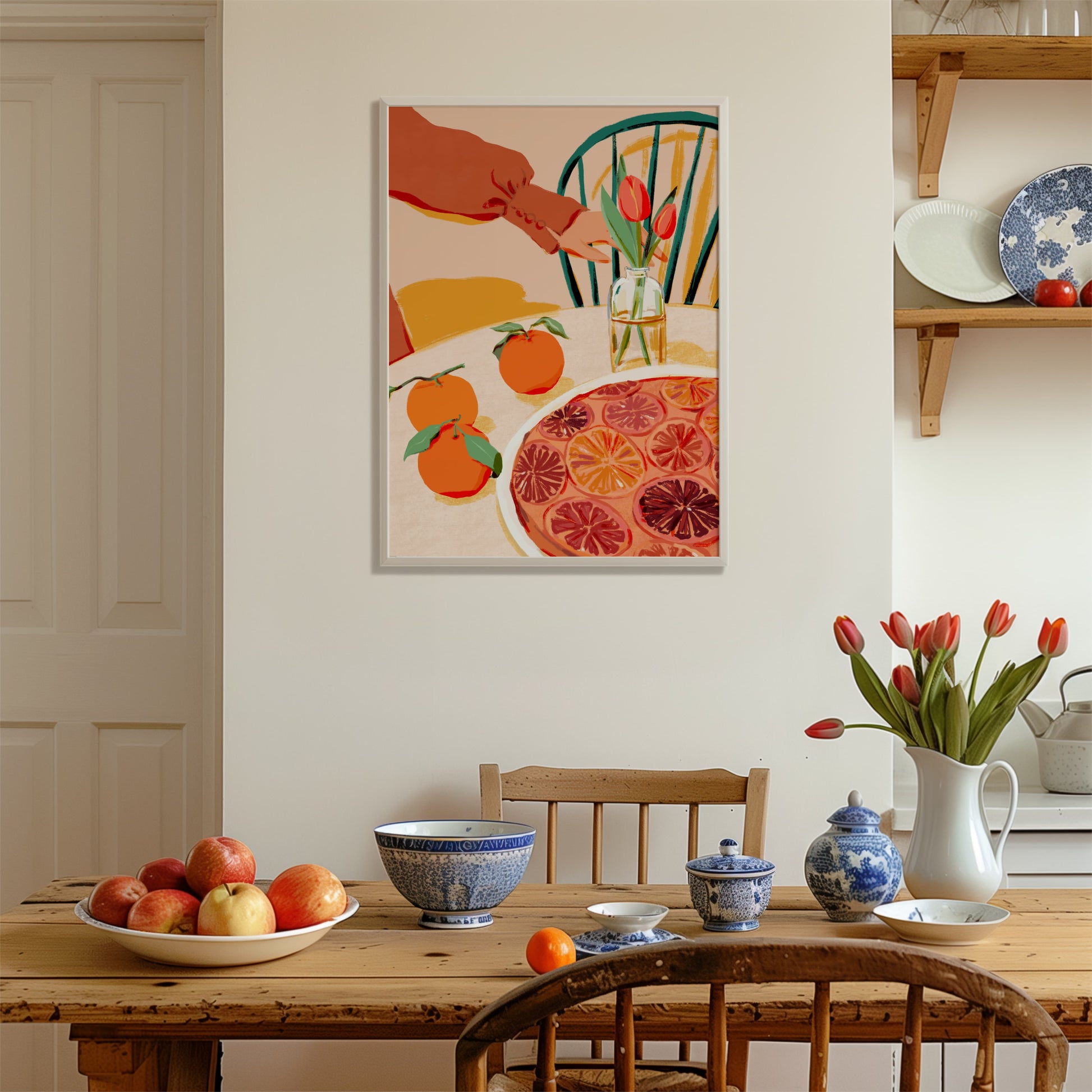 Fall-inspired art print featuring citrus cake, oranges, and cozy orange-hued details.