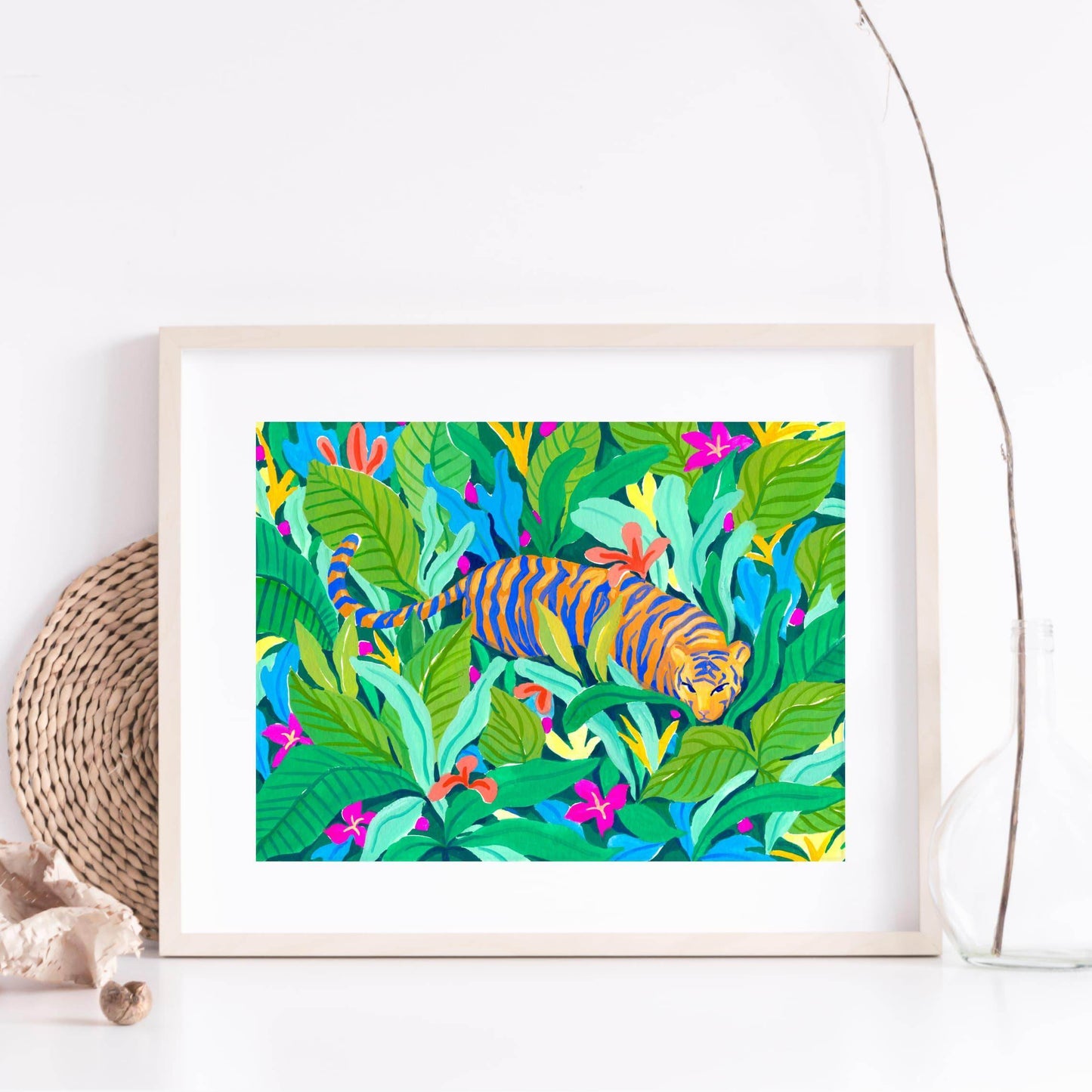 Archival fine art print of Sun Lee's original gouache painting featuring a graceful tiger in a colorful, vibrant jungle – bold animal art print for modern nature-inspired home decor
