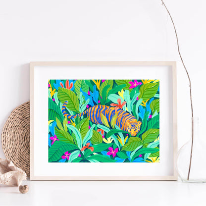 Archival fine art print of Sun Lee's original gouache painting featuring a graceful tiger in a colorful, vibrant jungle – bold animal art print for modern nature-inspired home decor