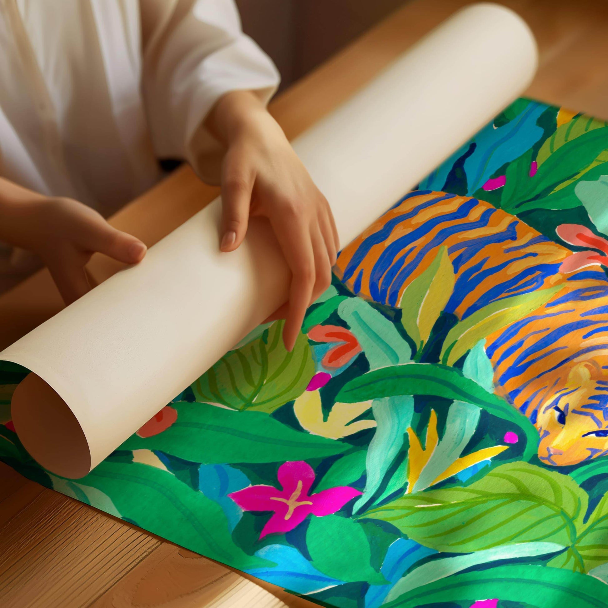 Archival fine art print of Sun Lee's gouache painting featuring a graceful tiger in a colorful, vibrant jungle – bold animal art print for modern nature-inspired home decor
