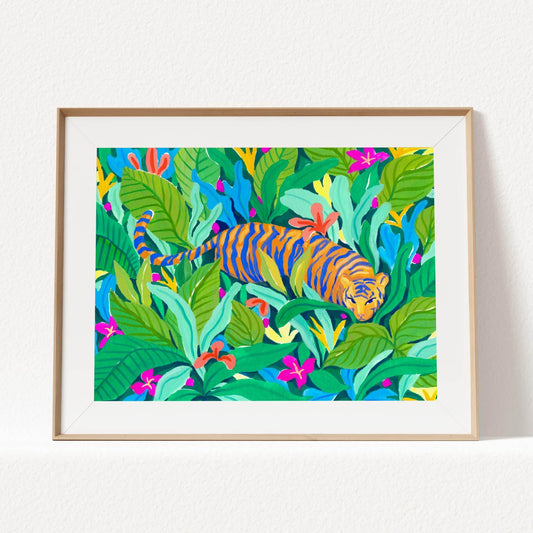 Archival fine art print of Sun Lee's original gouache painting featuring a graceful tiger in a colorful, vibrant jungle – bold animal art print for modern nature-inspired home decor