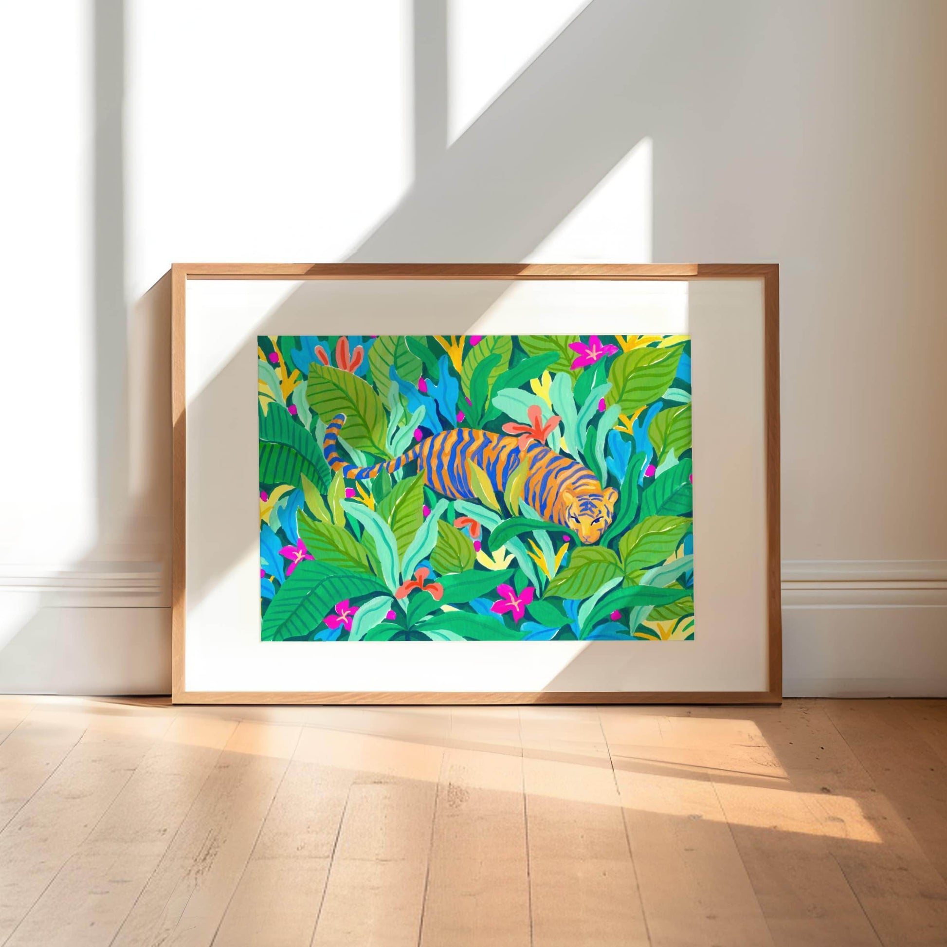 Archival fine art print of Sun Lee's original gouache painting featuring a graceful tiger in a colorful, vibrant jungle – bold animal art print for modern nature-inspired home decor
