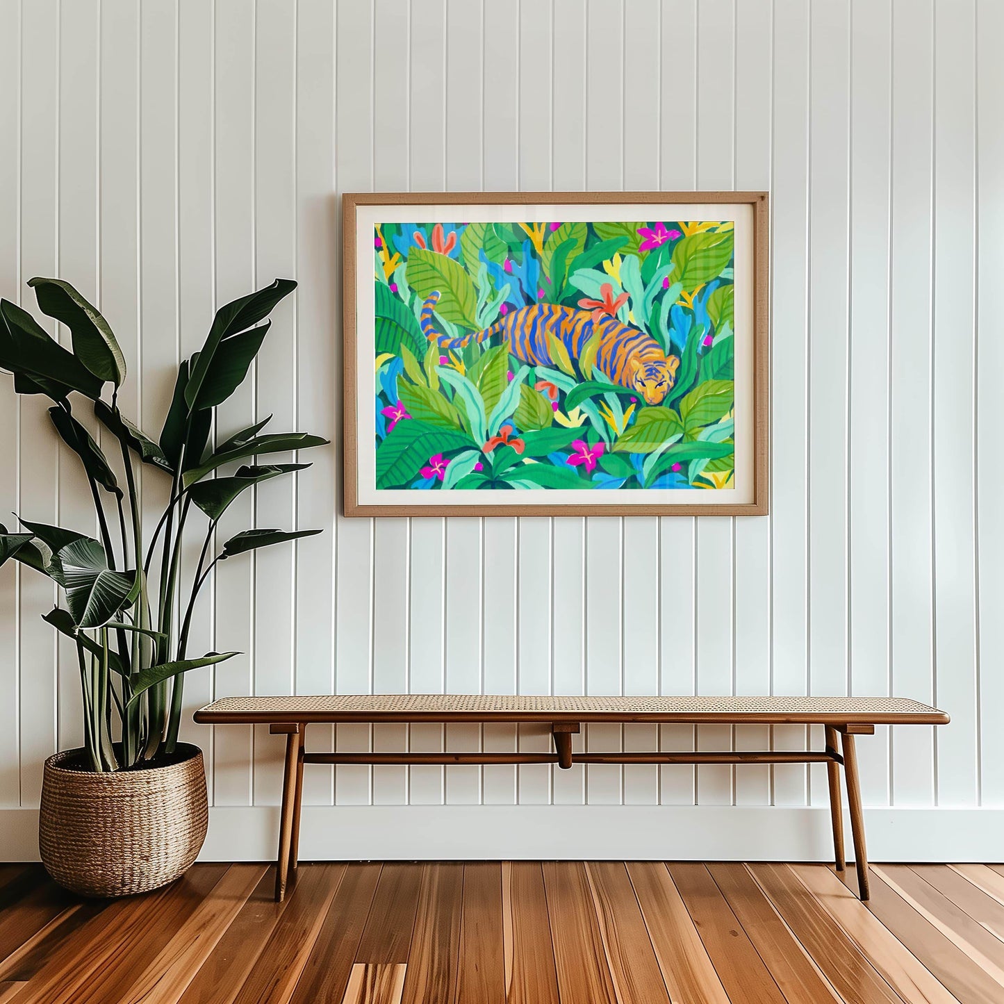 Archival fine art print of Sun Lee's original gouache painting featuring a graceful tiger in a colorful, vibrant jungle – bold animal art print for modern nature-inspired home decor
