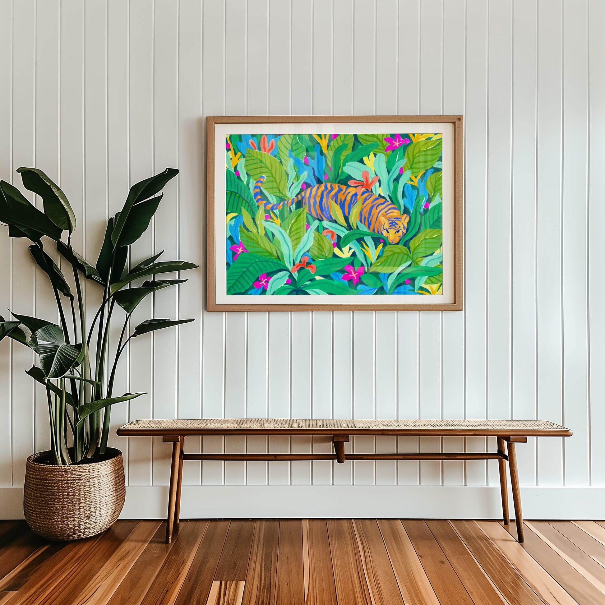 Archival fine art print of Sun Lee's original gouache painting featuring a graceful tiger in a colorful, vibrant jungle – bold animal art print for modern nature-inspired home decor