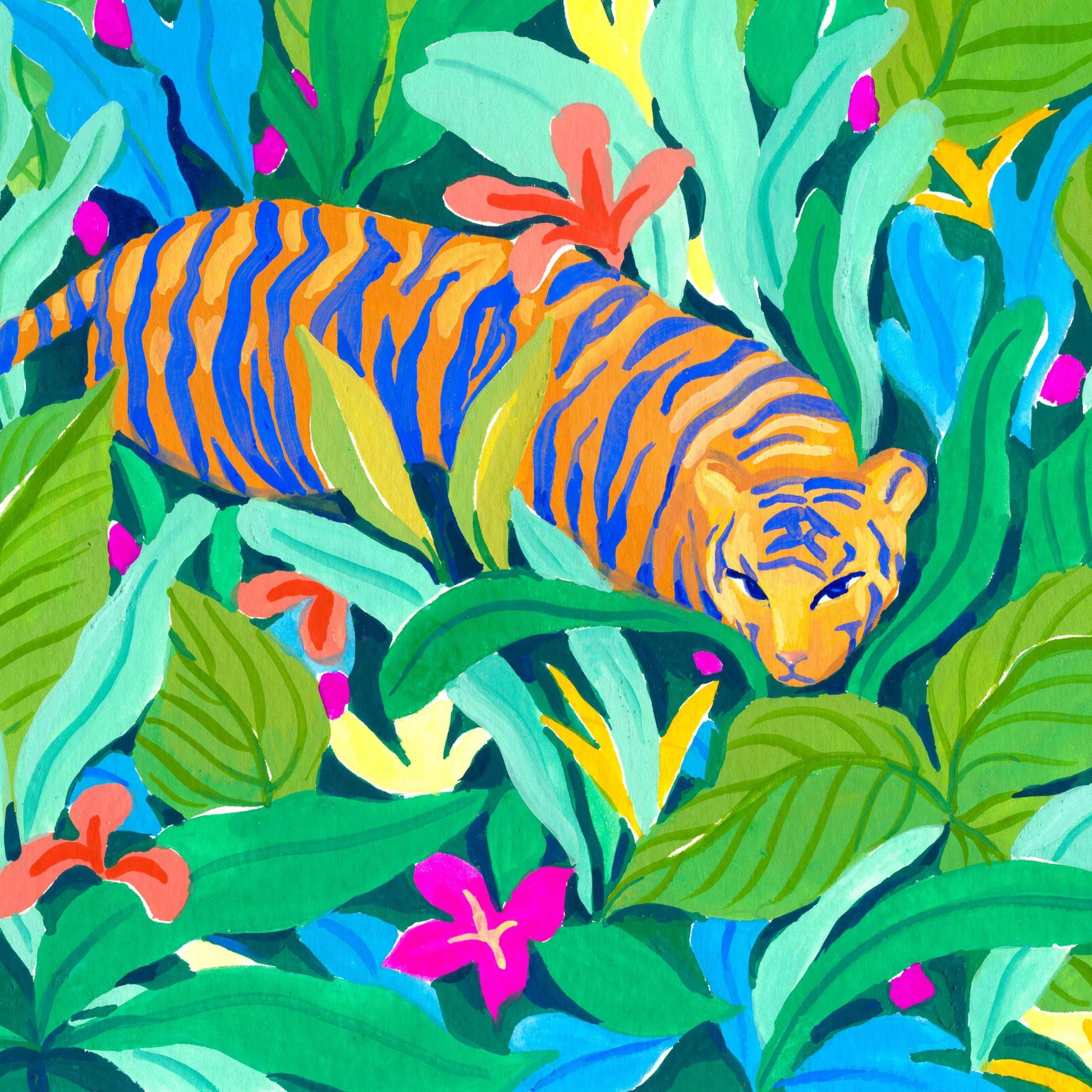 Archival fine art print of Sun Lee's original gouache painting featuring a graceful tiger in a colorful, vibrant jungle – bold animal art print for modern nature-inspired home decor
