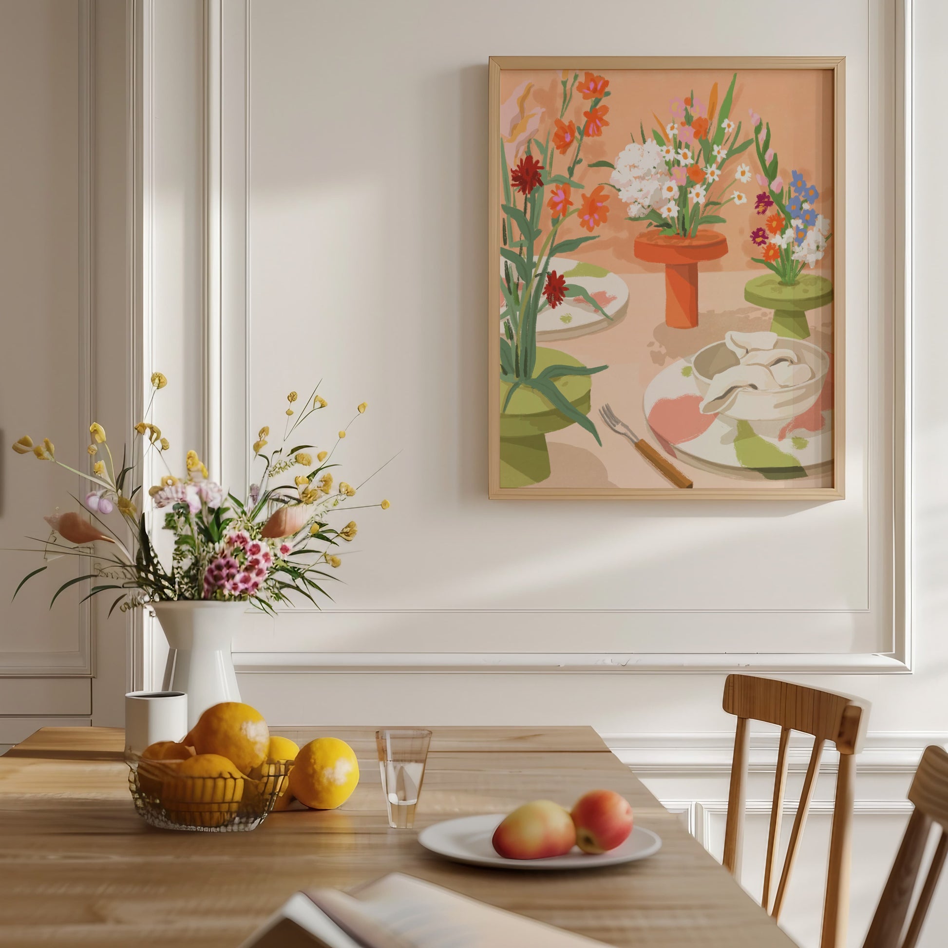 Warm-toned botanical art print with soft floral details and earthy green decorative objects.