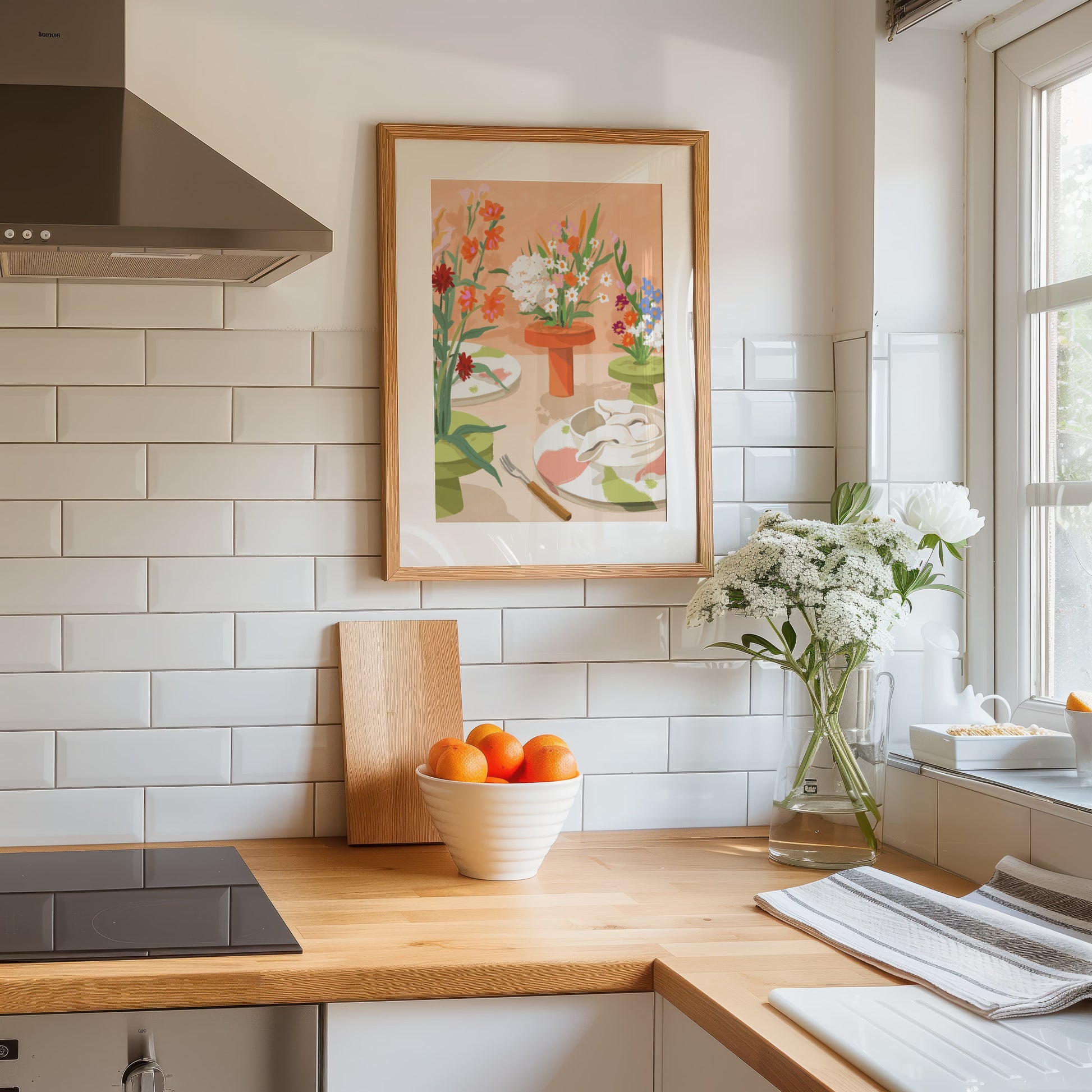 Cozy still life painting featuring orange, peach, and white blooms in a serene home setting.

