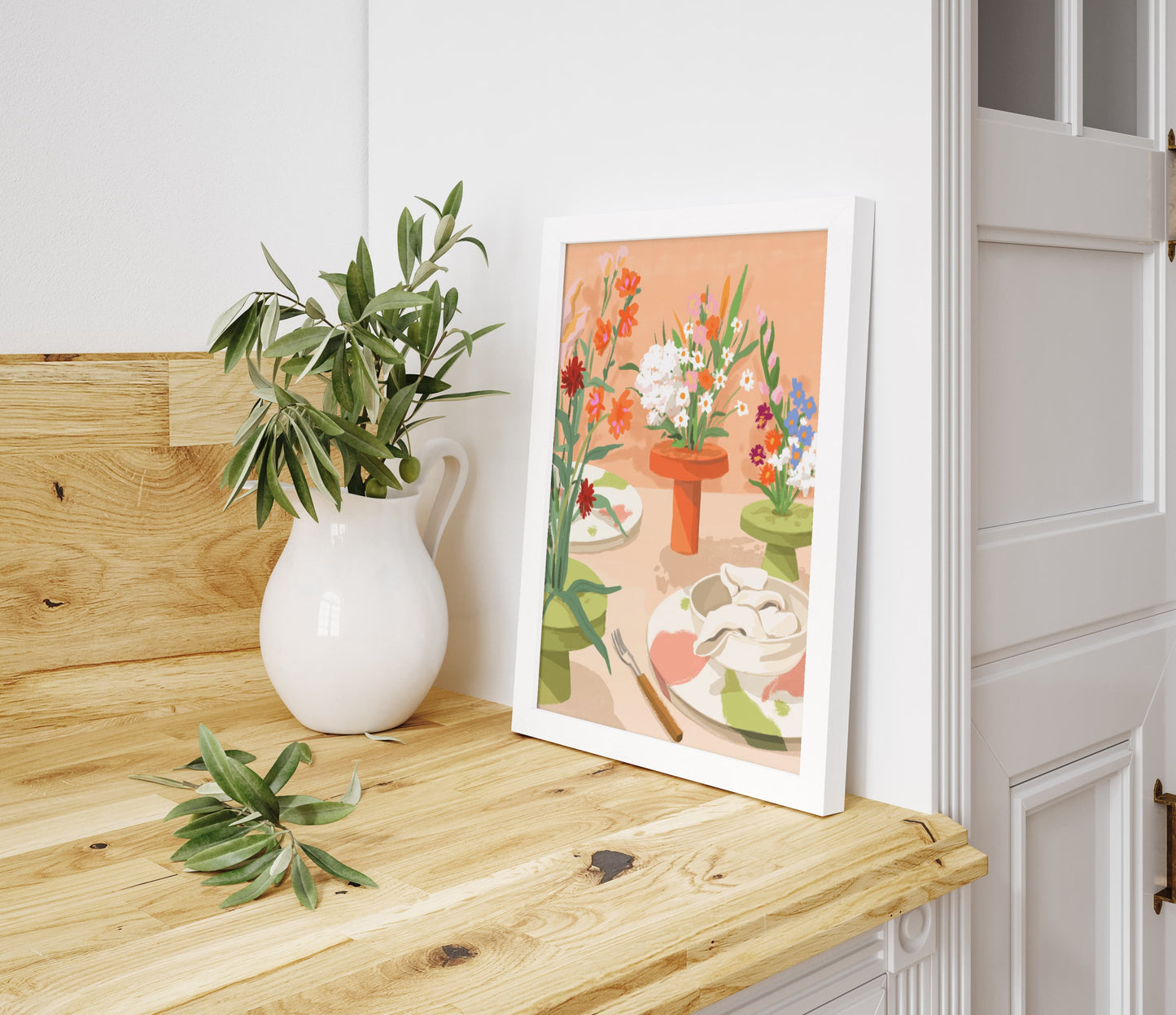 Cozy still life painting featuring orange, peach, and white blooms in a serene home setting.

