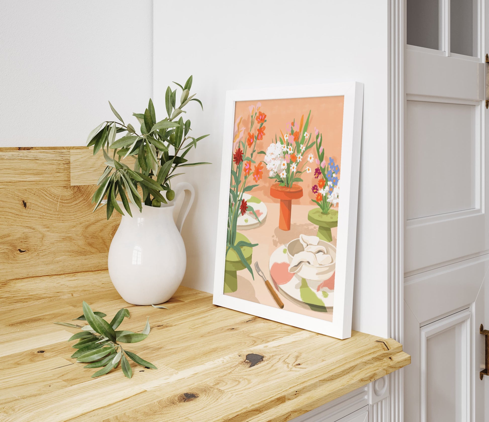Cozy still life painting featuring orange, peach, and white blooms in a serene home setting.

