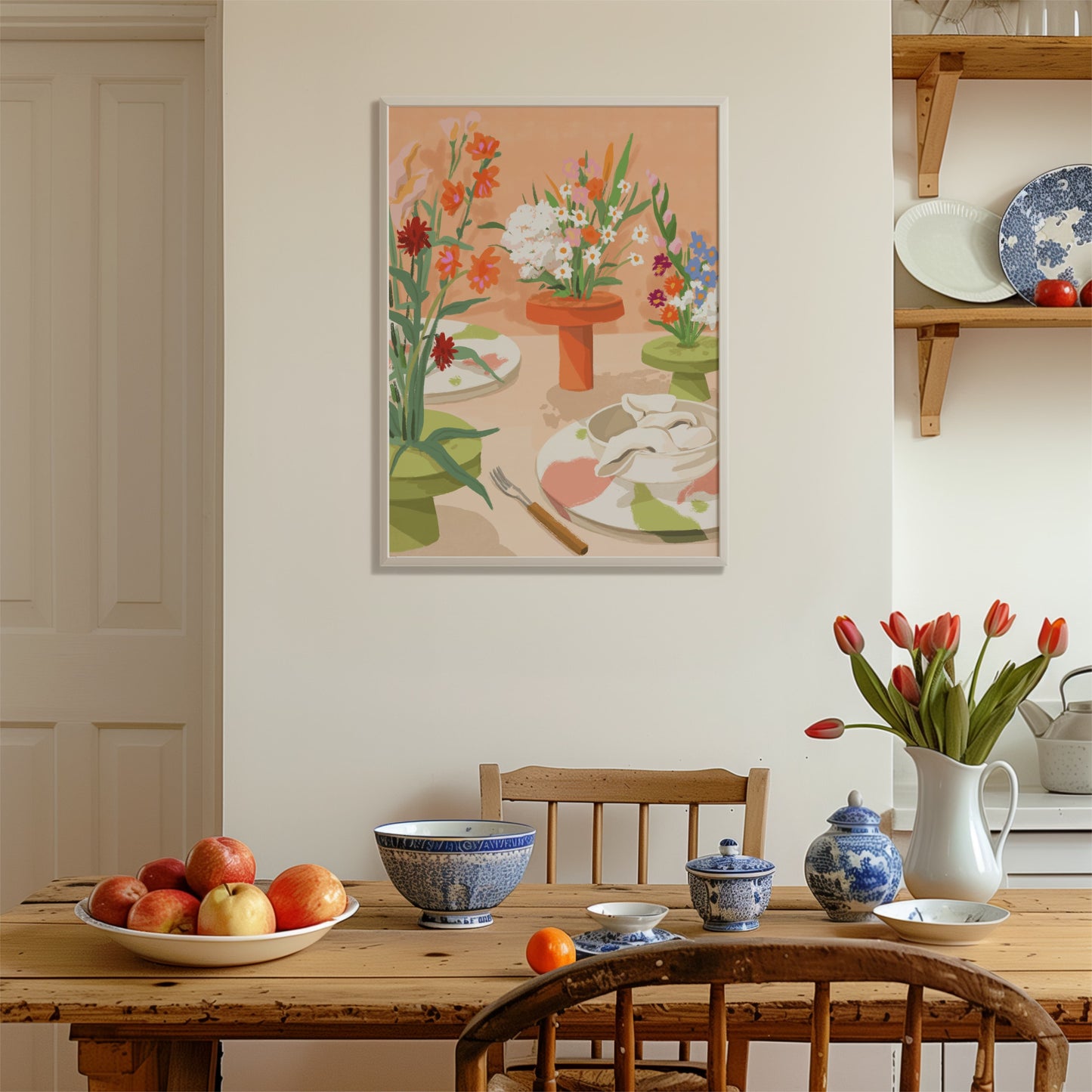 Still life artwork of coral, peach, and white flowers arranged on a tabletop with olive green accents.