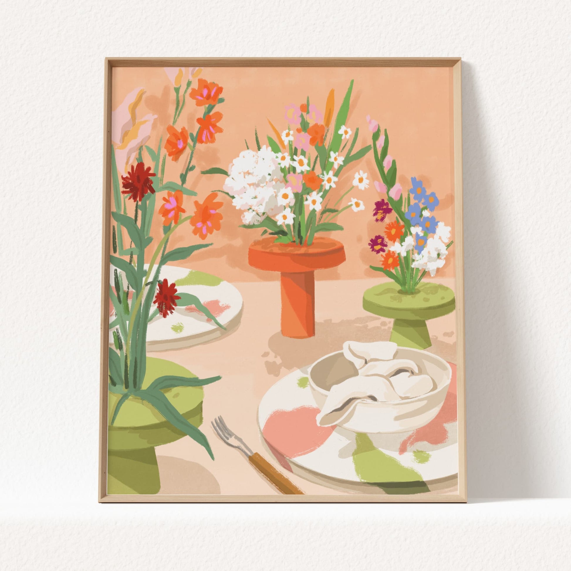 Warm-toned botanical art print with soft floral details and earthy green decorative objects.