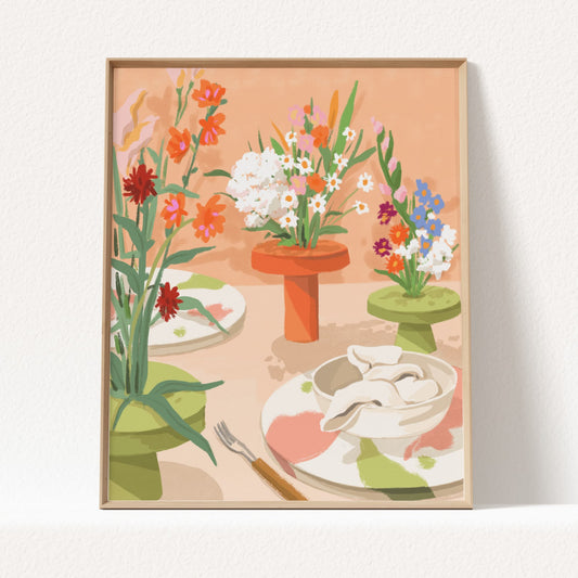Warm-toned botanical art print with soft floral details and earthy green decorative objects.
