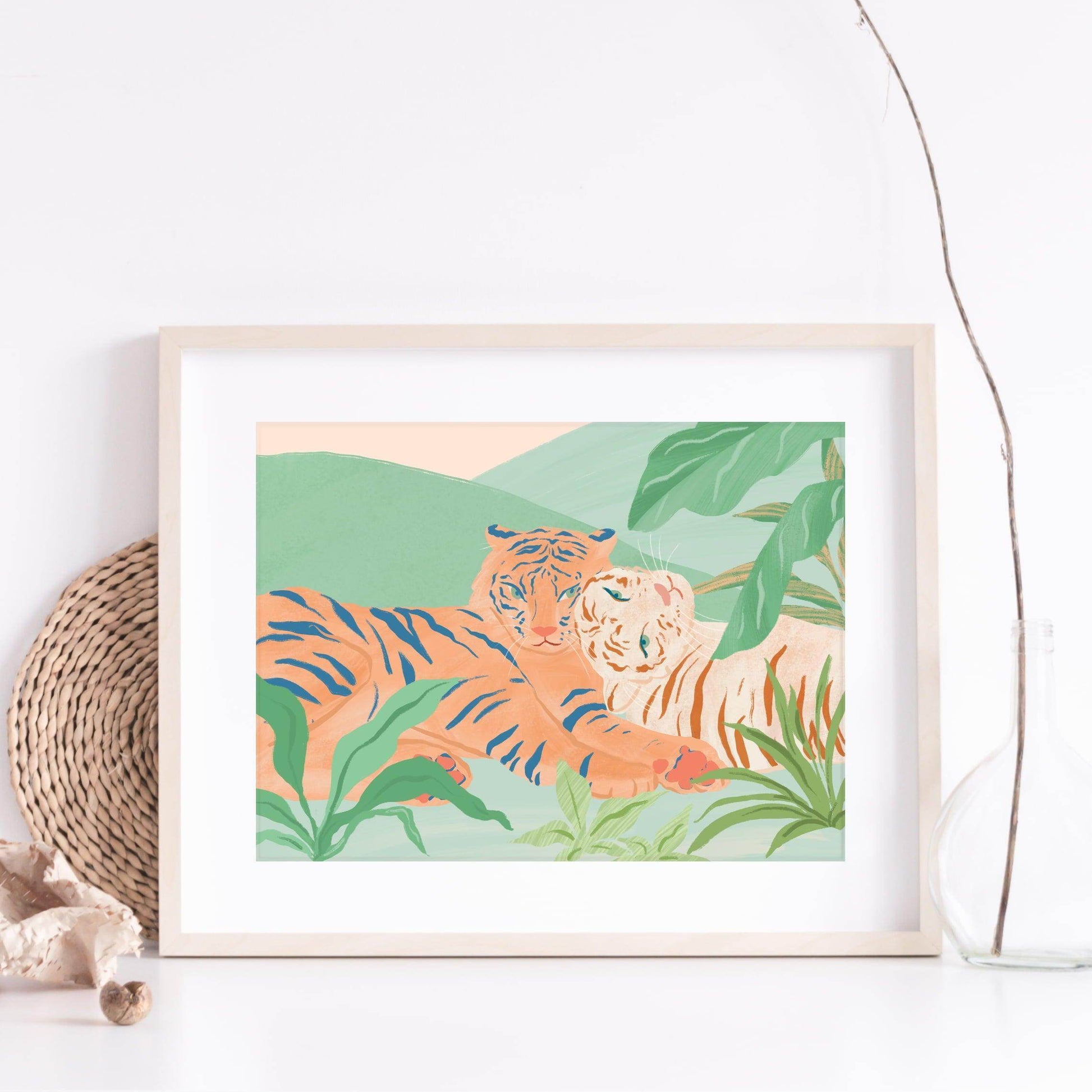 Illustration of two tigers relaxing in a peaceful moment with subtle colors – tranquil and serene animal art print for calming home decor