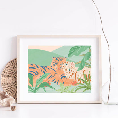 Illustration of two tigers relaxing in a peaceful moment with subtle colors – tranquil and serene animal art print for calming home decor