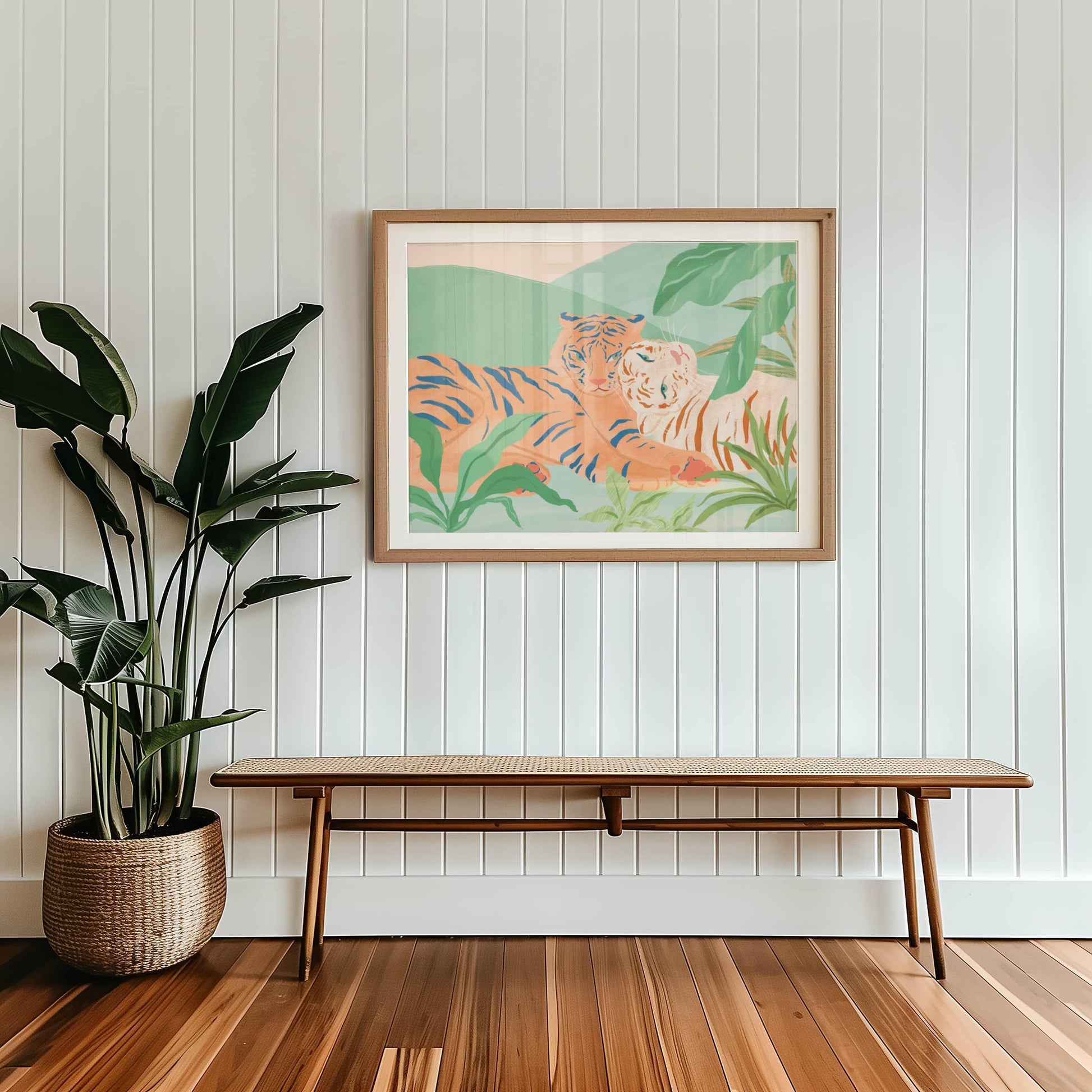 Illustration of two tigers relaxing in a peaceful moment with subtle colors – tranquil and serene animal art print for calming home decor