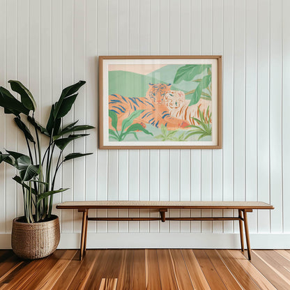 Illustration of two tigers relaxing in a peaceful moment with subtle colors – tranquil and serene animal art print for calming home decor