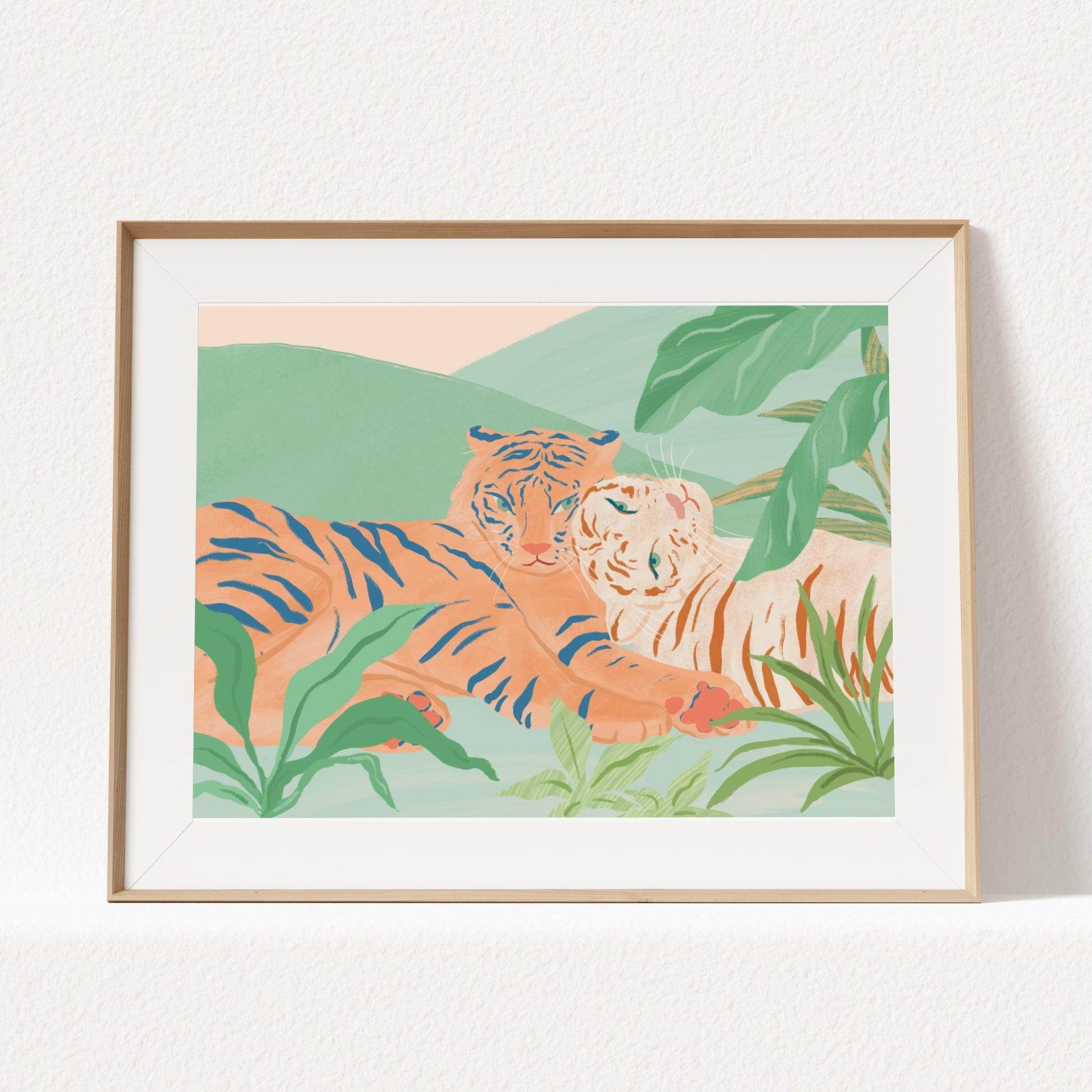 Illustration of two tigers relaxing in a peaceful moment with subtle colors – tranquil and serene animal art print for calming home decor